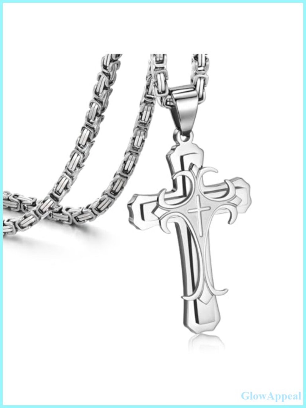 Stainless Steel Crucifix Cross Pendant Necklace Men's Byzantine Chain
